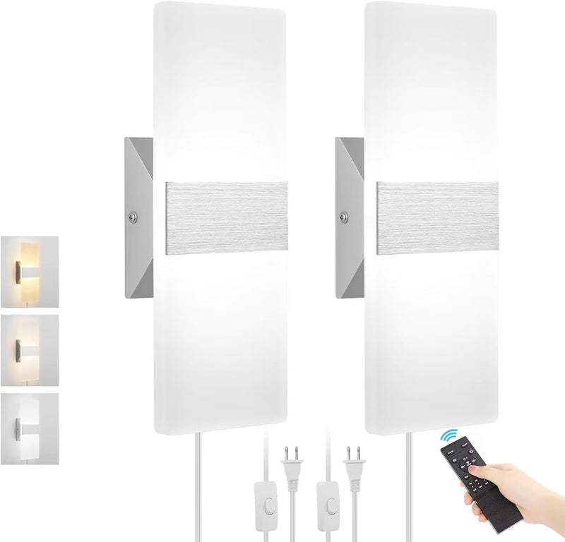 GOODATE Plug in Wall Sconces with Stepless Adjustable 3000K-6500K Colors and 10%-100% Brightness, Sconces Wall Lighting with Remote Control 12W Acrylic LED Wall Lamp with 6FT Plug in Cord, 2 Pack - Image 1
